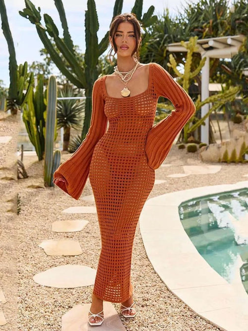 Hazel Blues® |  Openwork Square Neck Flare Sleeve Cover-Up Dress