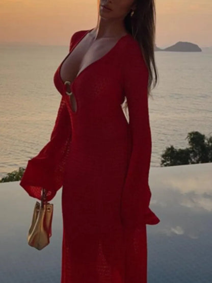 Hazel Blues® |  Slit Plunge Flare Sleeve Cover-Up Dress