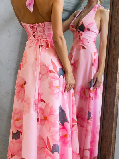 Hazel Blues® |  Floral Print Halter Neck Maxi Dress