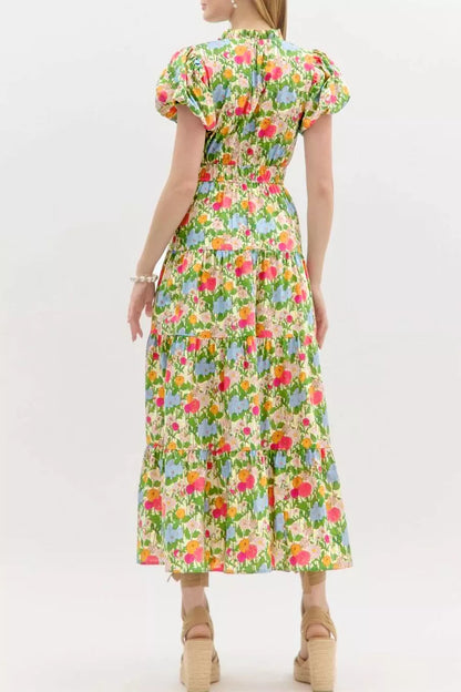 Hazel Blues® |  Floral Print V Neck Short Puff Sleeve Cotton Maxi Dress
