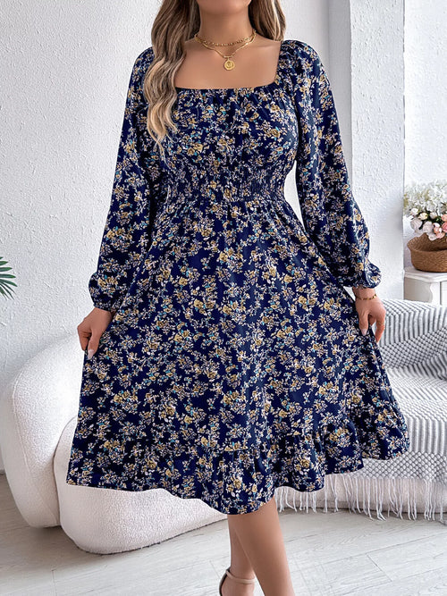 Hazel Blues® |  Floral Print Long Sleeve Square Neck Midi Dress