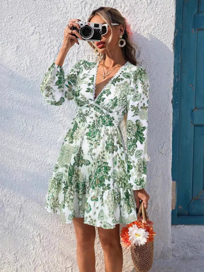 Hazel Blues® | Floral Print V-Neck Long Sleeve Ruffle Hem Mini Dress