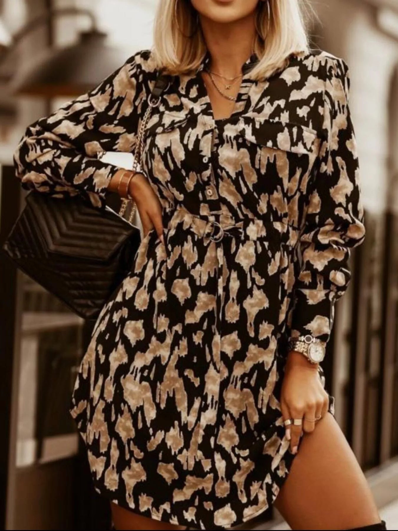 Hazel Blues® |  Printed Button Front Long Sleeve Dress