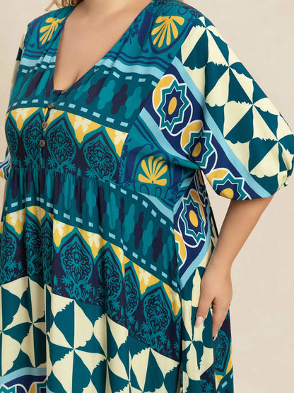Hazel Blues® | Printed V-Neck Half Sleeve Midi Dress