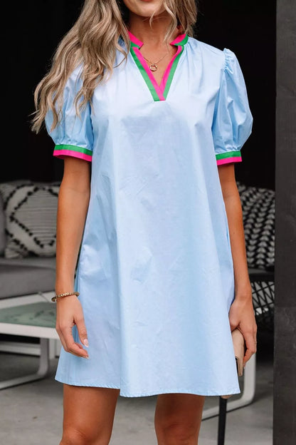 Hazel Blues® |  Puff Sleeve Mini Dress with Contrast Trim