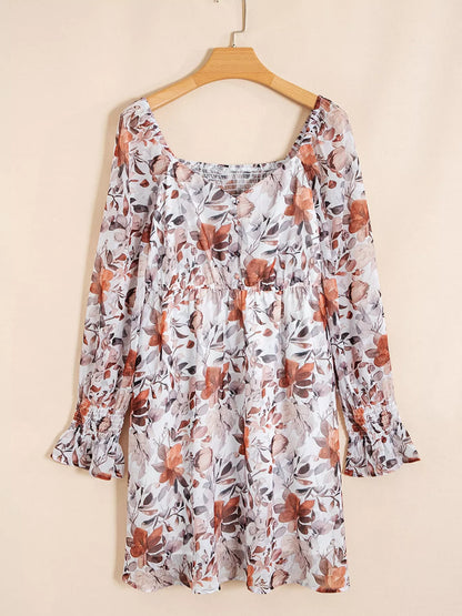Hazel Blues® |  Floral Print Sweetheart Neck Long Sleeve High Waist Mini Dress