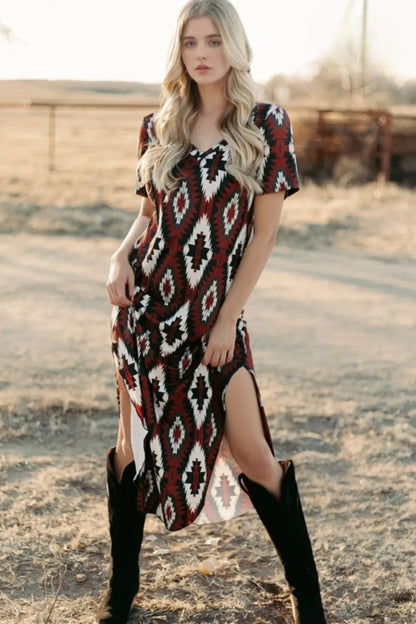 Hazel Blues® |  Aztec Print V-Neck Midi Dress
