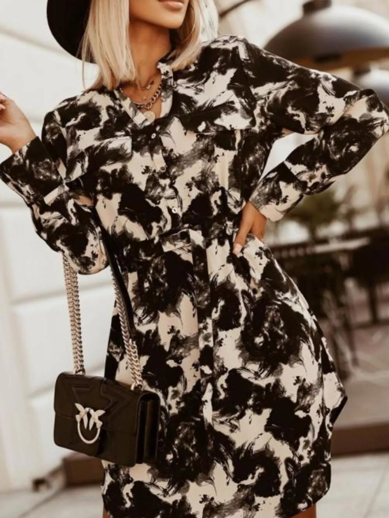 Hazel Blues® |  Printed Button Front Long Sleeve Dress