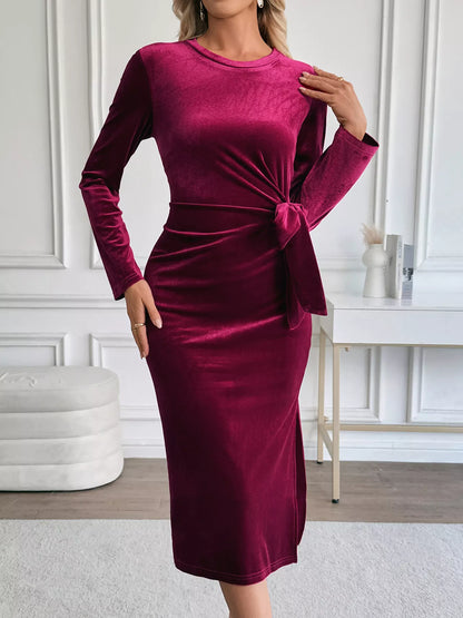 Hazel Blues® |  Velvet Slit Round Neck Long Sleeve Dress with Side Tie Detail