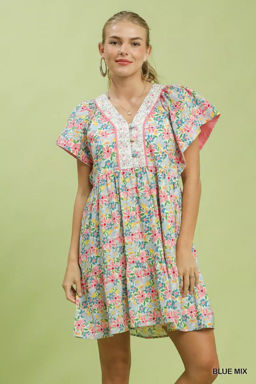 Hazel Blues® |  Umgee Mix Floral Tiered Mini Dress with Side Pockets