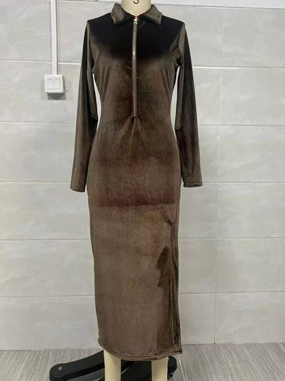 Hazel Blues® |  Velvet Zip-Front Slit Midi Dress