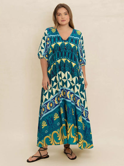 Hazel Blues® | Printed V-Neck Half Sleeve Midi Dress