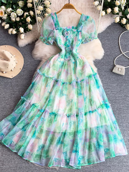 Hazel Blues® |  Smocked Floral Tiered Mesh Midi Dress