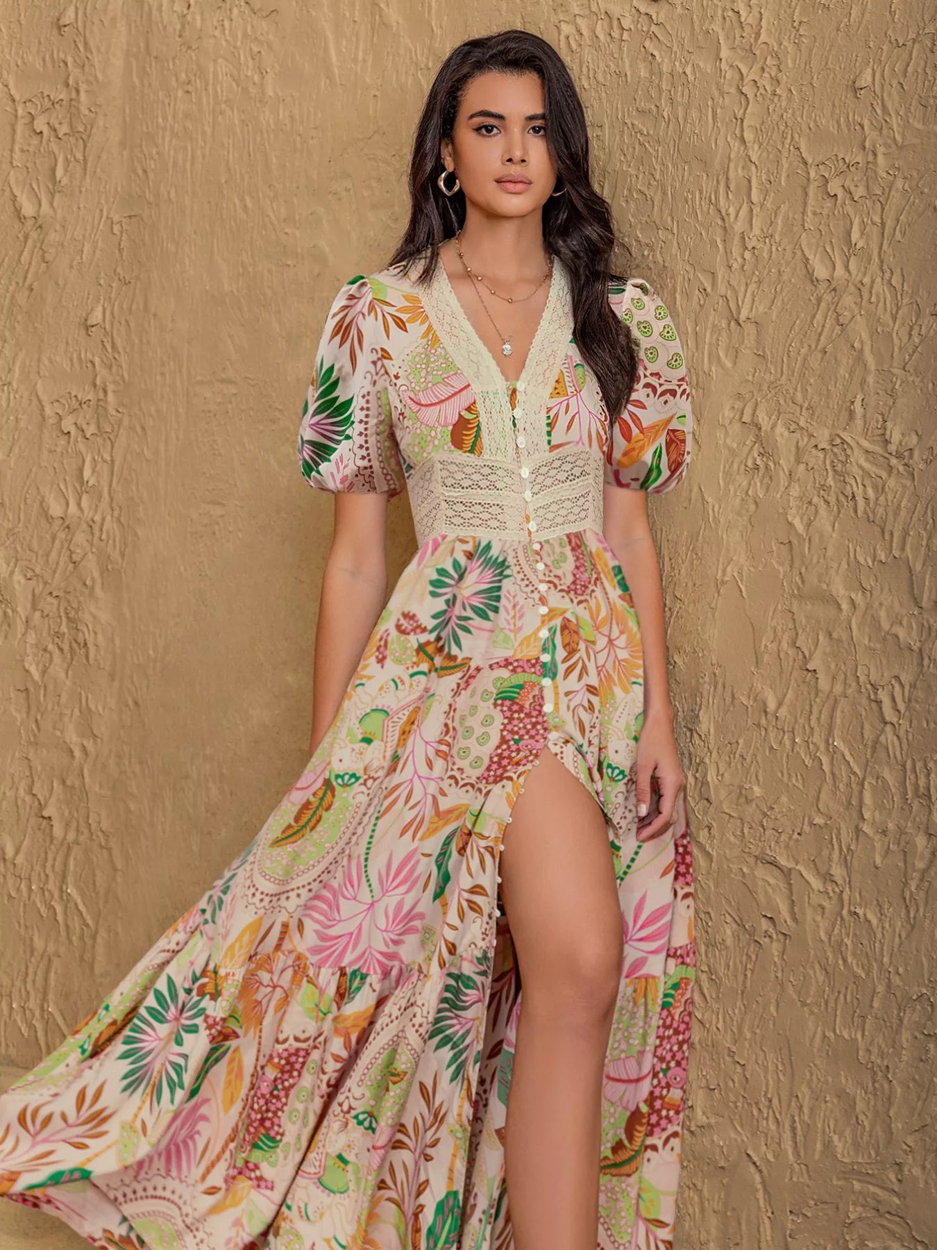 Hazel Blues® |  Lace Trim Floral Print Puff Sleeve Dress