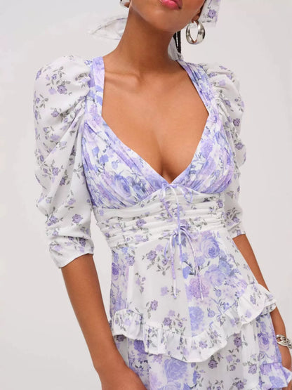 Hazel Blues® |  Ruffled Floral Print Half Sleeve Dress