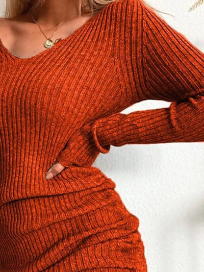 Hazel Blues® | Ribbed Knit Drawstring Bodycon Sweater Dress
