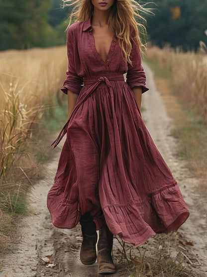 Hazel Blues® |  Tie Waist Long Sleeve Ruffled Hem Dress
