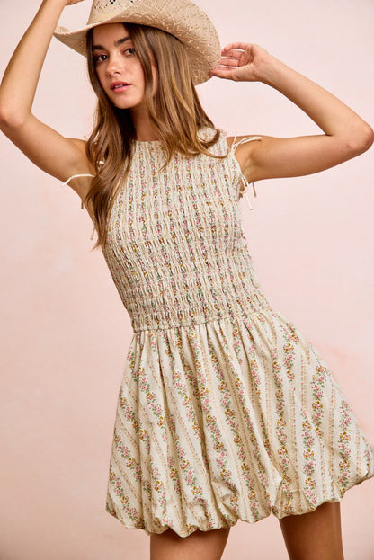 Hazel Blues® |  BiBi Floral Bow Tie Attachable Puff Sleeves Dress
