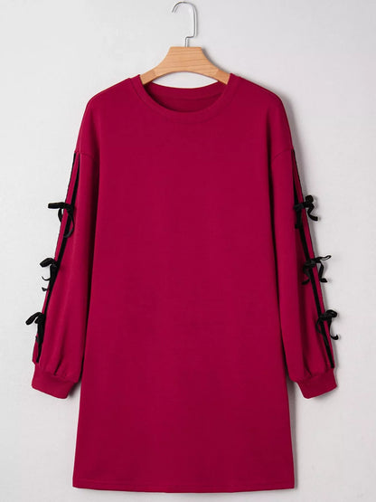Hazel Blues® |  Contrast Striped Bow Detail Drop Shoulder Sweatshirt Dress with Pockets