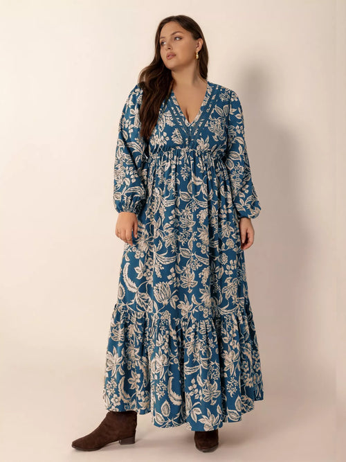 Hazel Blues® | Boho Floral Print Long Sleeve Maxi Dress