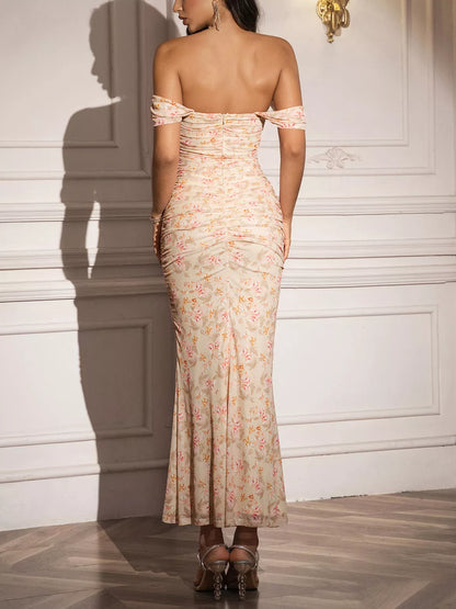 Hazel Blues® |  Off-Shoulder Ruched Floral Mermaid Dress