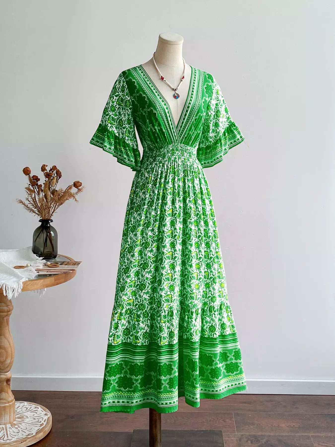Hazel Blues® |  Floral Deep V-Neck Flutter Sleeves Dress
