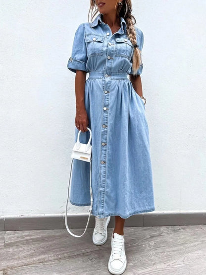 Hazel Blues® | Button Down Roll-Up Sleeve Denim Shirt Dress