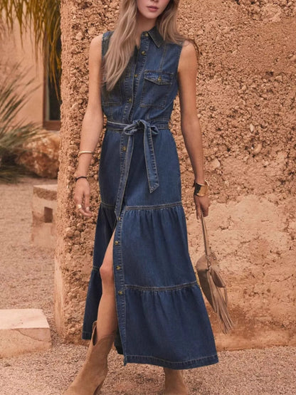 Hazel Blues® |  Button Front Sleeveless Denim Dress