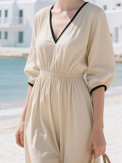 Hazel Blues® | Contrast Trim V-Neck 3/4 Sleeve Dress