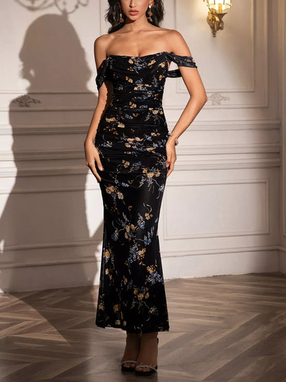 Hazel Blues® |  Off-Shoulder Ruched Floral Mermaid Dress