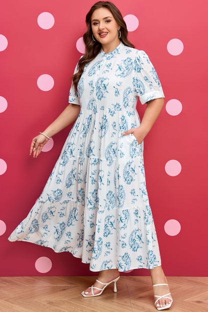 Hazel Blues® | Sky Blue Geometric Floral Print Button Split Neck Short Sleeve Maxi Dress