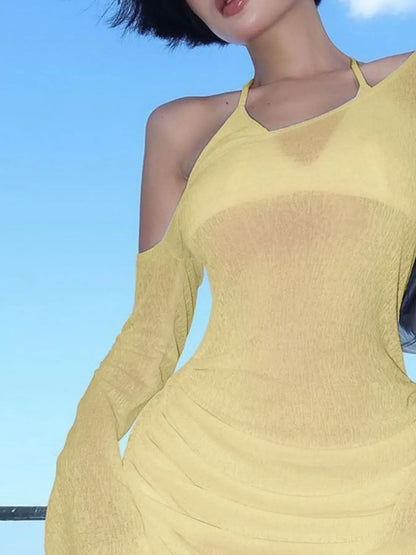 Hazel Blues® |  One-Shoulder Bell Sleeve Ruched Mini Cover-Up Dress