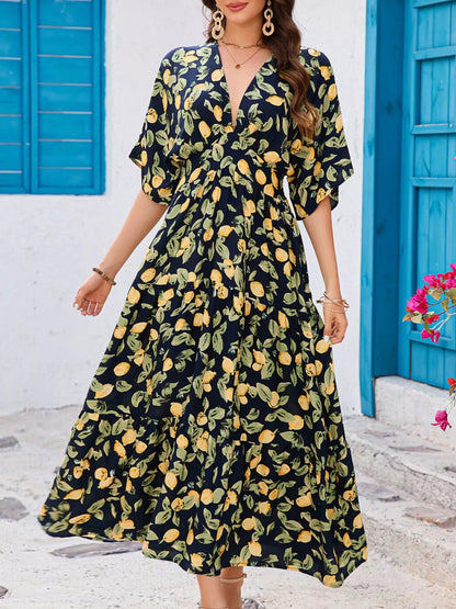 Hazel Blues® |  Printed V-Neck Ruffle Hem Flowy Midi Dress