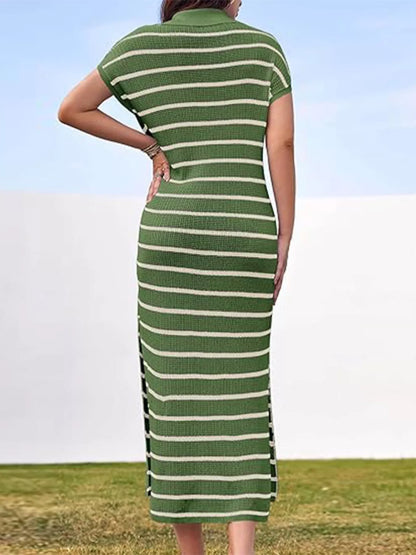 Hazel Blues® |  Striped Knit Slit Short Sleeve Midi Dress