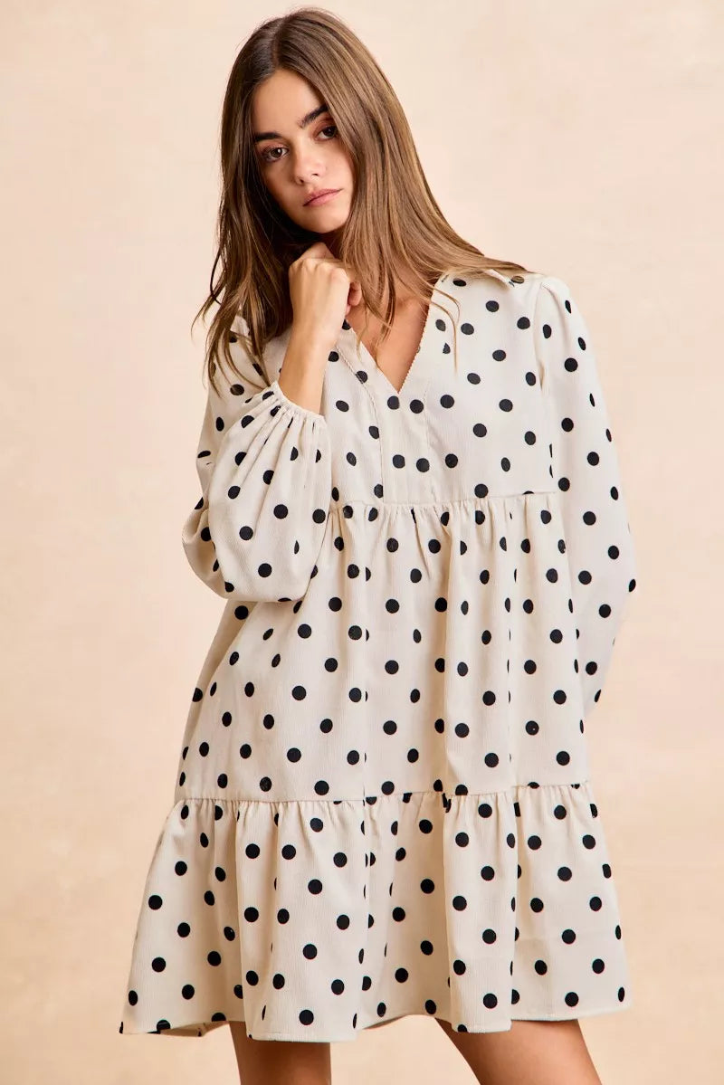Hazel Blues® |  BiBi Polka Dot Corduroy Collared V Neck Dress