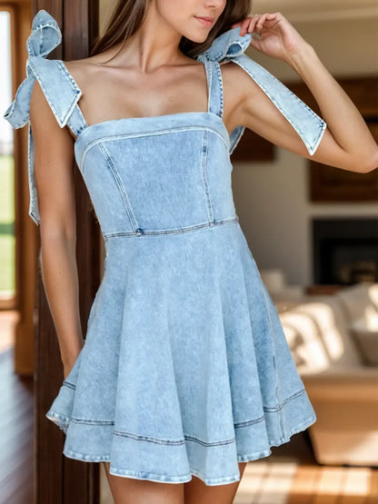 Hazel Blues® |  Square Neck Tie Shoulder Denim Dress