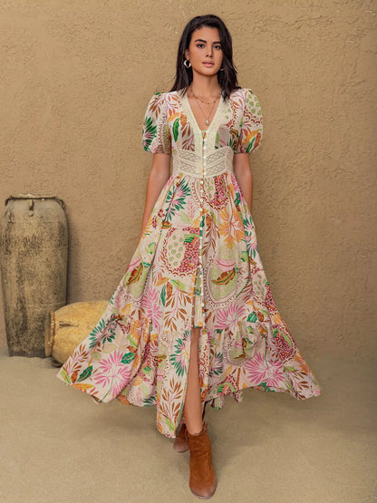 Hazel Blues® |  Lace Trim Floral Print Puff Sleeve Dress