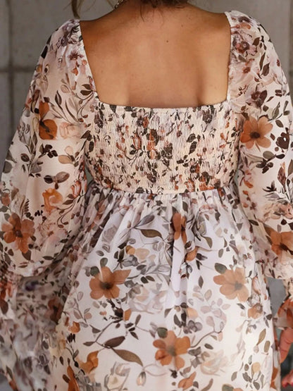 Hazel Blues® |  Floral Print Sweetheart Neck Long Sleeve High Waist Mini Dress