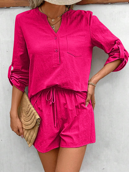 Hazel Blues® |  Notched Long Sleeve Top and Shorts Set