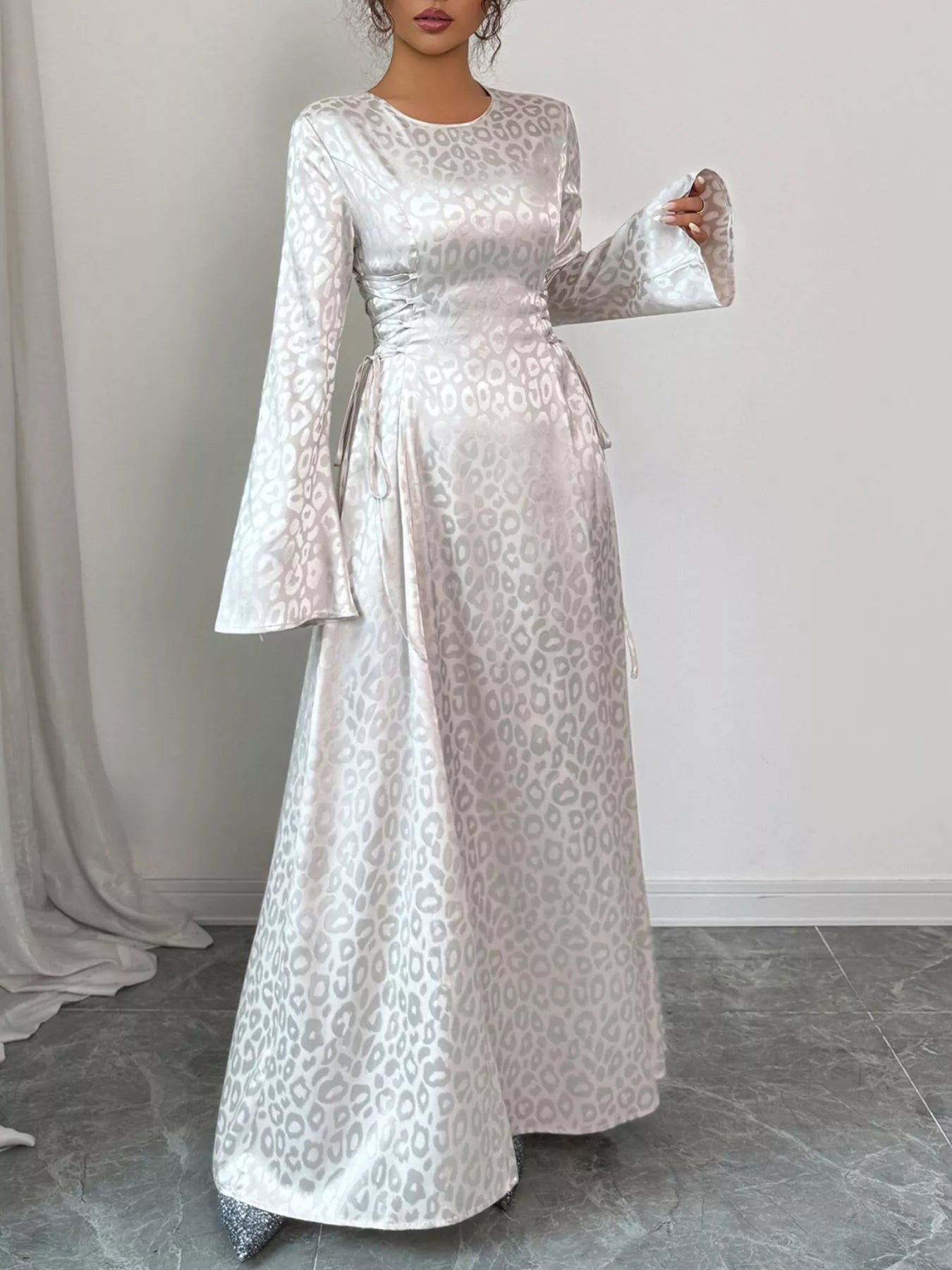 Hazel Blues® |  Leopard Lace Up Long Sleeve Maxi Dress