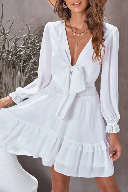 Hazel Blues® |  Elegant Tie-Front Ruffle Mini Dress with Smocked Wiast