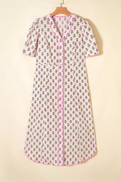 Hazel Blues® |  Floral Print V Neck Scallop Trim Button Front Short Sleeve Dress