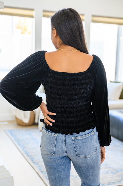 Hazel Blues® | Believe In Miracles Smocked Velvet Top In Black