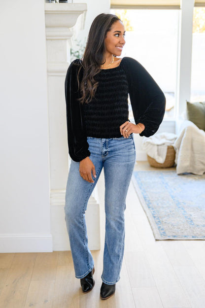Hazel Blues® | Believe In Miracles Smocked Velvet Top In Black