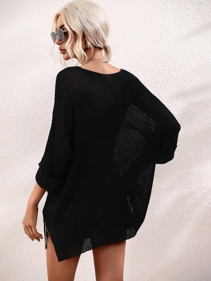 Hazel Blues® | Boat Neck Cuffed Sleeve Slit Tunic Knit Top