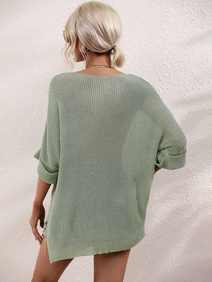 Hazel Blues® | Boat Neck Cuffed Sleeve Slit Tunic Knit Top