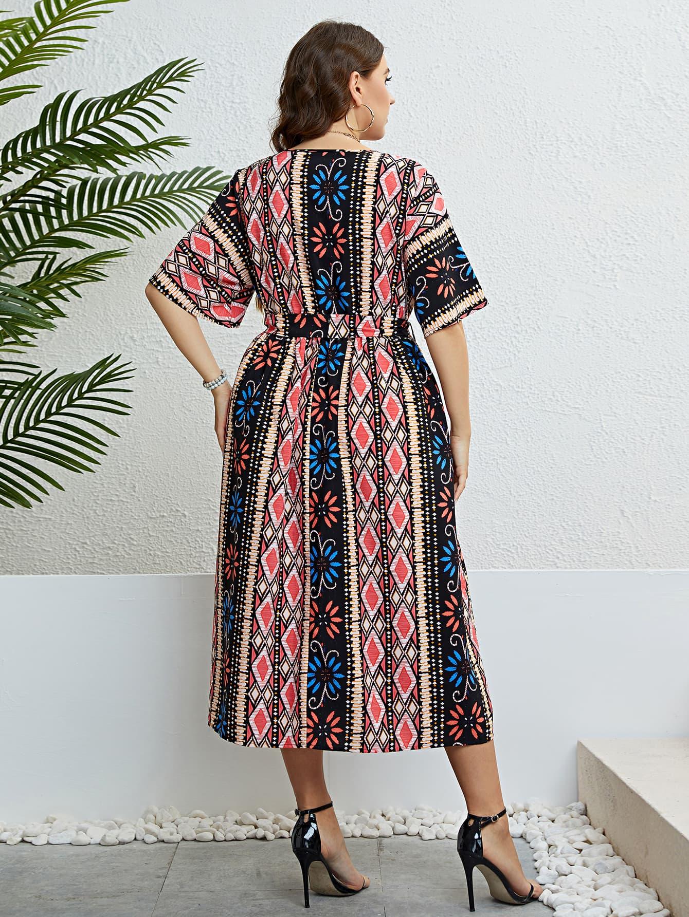 Hazel Blues® |  Bohemian V-Neck Tie Belt Midi Dress