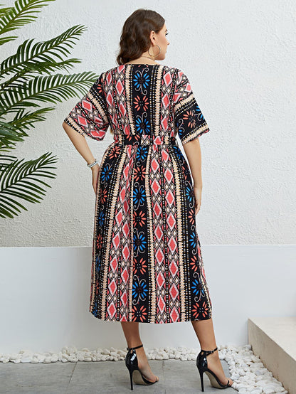 Hazel Blues® |  Bohemian V-Neck Tie Belt Midi Dress
