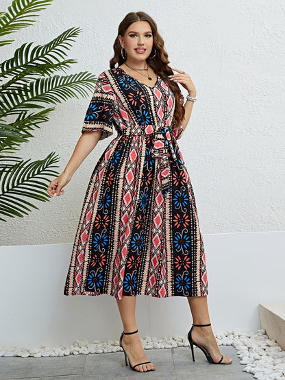 Hazel Blues® |  Bohemian V-Neck Tie Belt Midi Dress