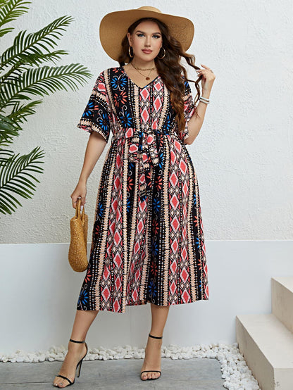 Hazel Blues® |  Bohemian V-Neck Tie Belt Midi Dress